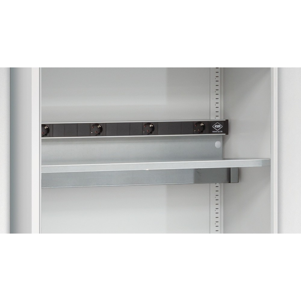 Produktabbildung Nr. 4: C+P Akku-Ladeschrank Serie 89, 3 Elektro-Einlegeböden, 5-fach-Steckdosenleiste, 3 m Zuleitung, Sichtfenster, FI-Schutzschalter, temperaturgesteuerter Lüfter, lichtgrau/viridingrün